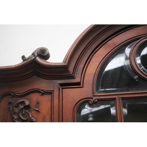 398 - Antique French carved walnut two height buffet, large central beveled glass paneled door to the top,... 