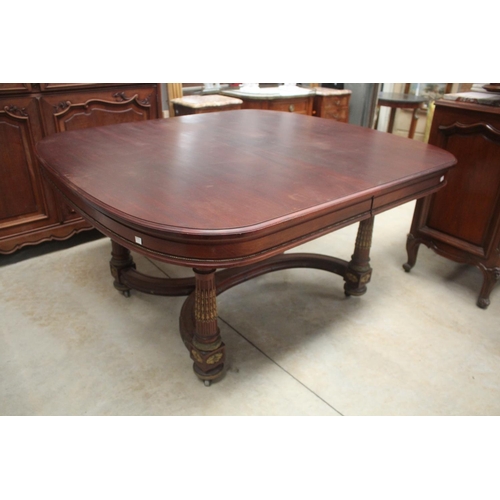 399 - Antique French Louis XVI style table with X frame stretcher, approx 75cm H x 144cm W x 130cm D