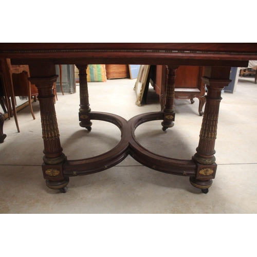 399 - Antique French Louis XVI style table with X frame stretcher, approx 75cm H x 144cm W x 130cm D