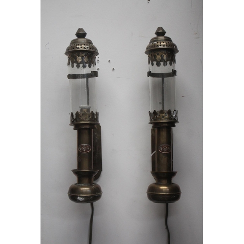 405 - Pair of antique brass Great Western Railway carriage lights, later converted to electricity, unteste... 