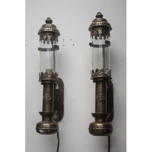 405 - Pair of antique brass Great Western Railway carriage lights, later converted to electricity, unteste... 