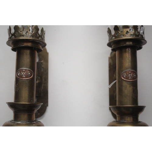 405 - Pair of antique brass Great Western Railway carriage lights, later converted to electricity, unteste... 