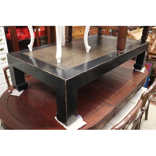 419 - Chinese black lacquer rattan cane top coffee table, approx 39cm H x 150cm W x 80cm D