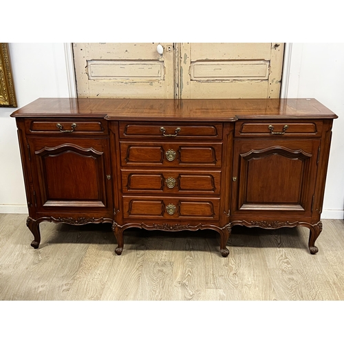 421 - French Louis XV style breakfront buffet, fitted with a central bank of four drawers, lined for flatw... 