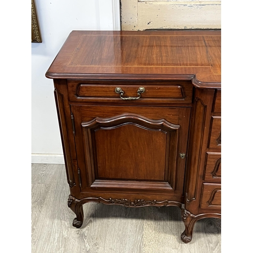 421 - French Louis XV style breakfront buffet, fitted with a central bank of four drawers, lined for flatw... 