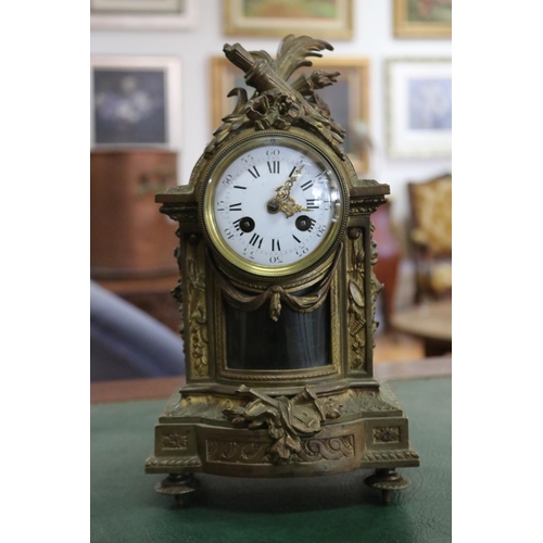 424 - Antique French Louis XVI style gilt bronze mantle clock, surmounted with torche & quiver to pelmet, ... 