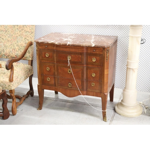 427 - Fine French Louis XV style marble topped chest, with three long drawers, with pull out writing surfa... 