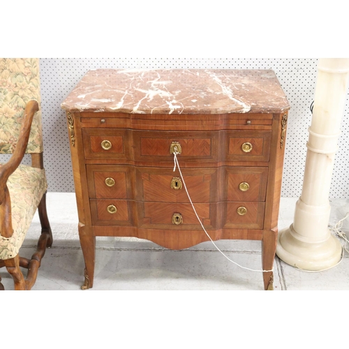 427 - Fine French Louis XV style marble topped chest, with three long drawers, with pull out writing surfa... 