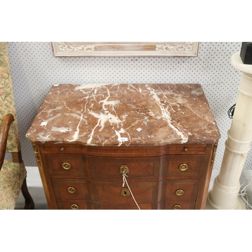 427 - Fine French Louis XV style marble topped chest, with three long drawers, with pull out writing surfa... 