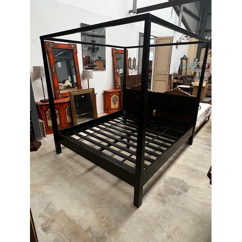 449 - Good quality Chinese black lacquer wooden four post canopy bed, approx 202cm H x 190cm W x 210cm D