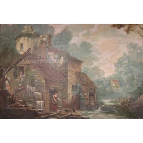 11 - Large antique French school, watermill and cottage in a rural landscape, oil on canvas, approx 160cm... 