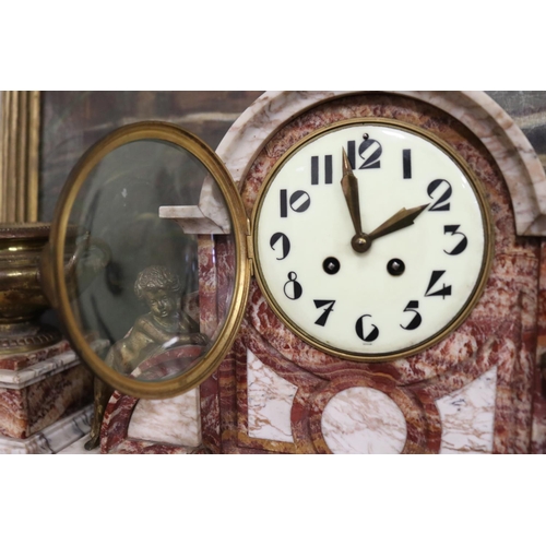 12 - Antique French marble mantle clock and garnitures, comprising a large tri colour marble clock with a... 