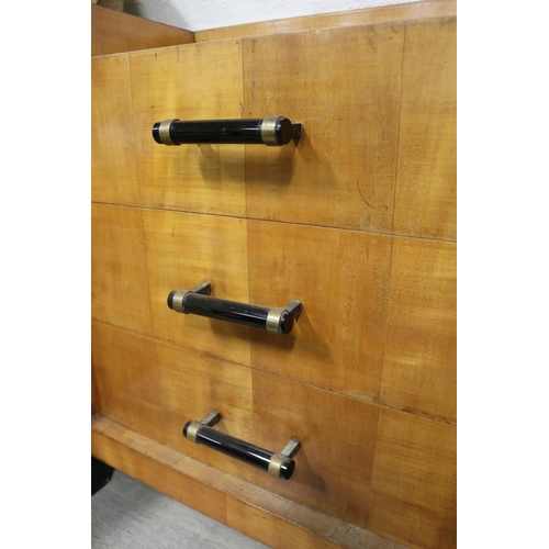 23 - French Art Deco period six drawer sideboard, black glass pulls with brass mounts. Ebonized spade fee... 