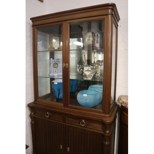 3 - Antique French showcase with tambour style door below, approx 190cm H x 100cm W x 48cm D