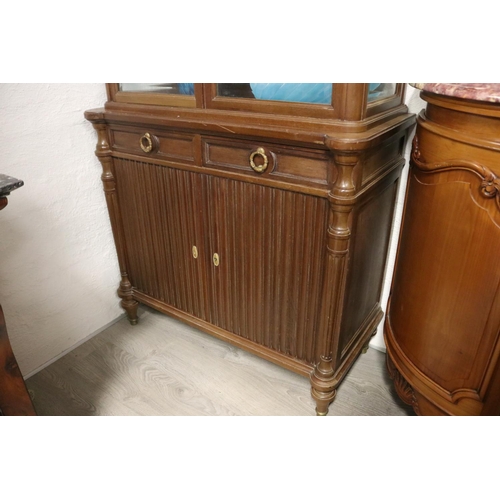 3 - Antique French showcase with tambour style door below, approx 190cm H x 100cm W x 48cm D