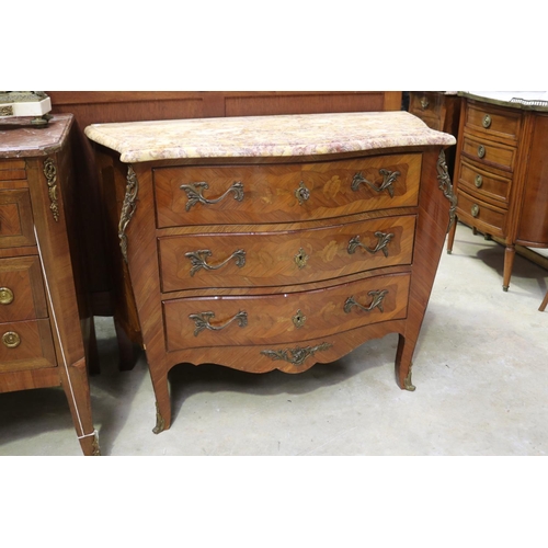 428 - Vintage French marble topped Louis XV style three drawer chest, approx 78cm H x 98cm W x 44cm D