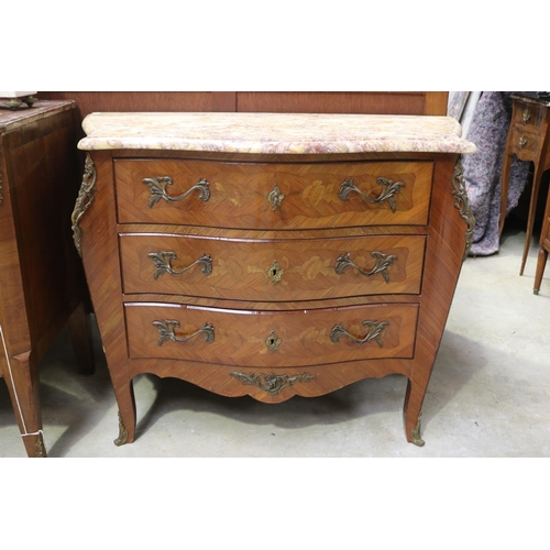 428 - Vintage French marble topped Louis XV style three drawer chest, approx 78cm H x 98cm W x 44cm D