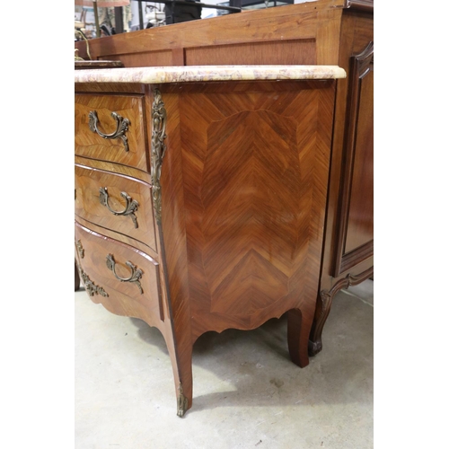 428 - Vintage French marble topped Louis XV style three drawer chest, approx 78cm H x 98cm W x 44cm D