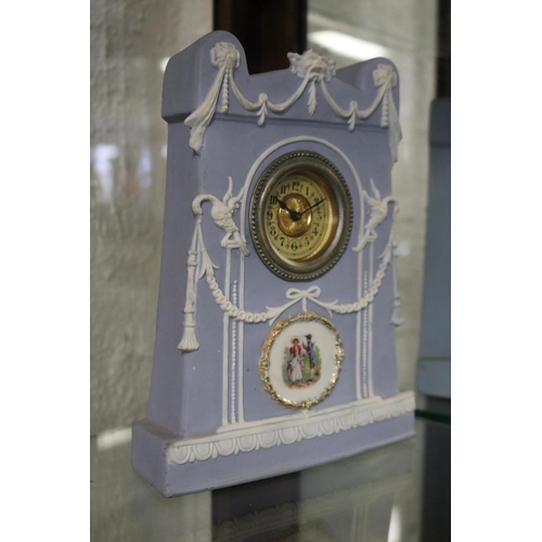 6 - Antique German pale blue porcelain Wedgwood style mantle clock, no key, untested, approx 22cm H x 16... 