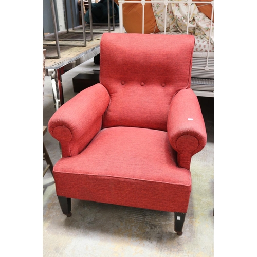 511 - Vintage red upholstered lounge arm chair, square tapering legs