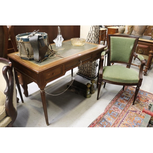 547 - French green leather topped desk and armchair, desk approx 75cm H x 120cm W x 70cm D (2)
