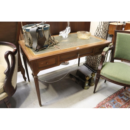 547 - French green leather topped desk and armchair, desk approx 75cm H x 120cm W x 70cm D (2)