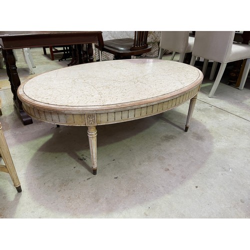 549 - Large 1950's painted finish oval stone inset topped coffee table, in the Louis XVI style with brass ... 