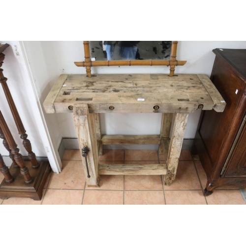571 - Vintage French rustic work bench, with vice, approx 80cm H x 107cm W x 40cm D excluding vice