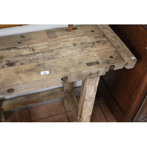 571 - Vintage French rustic work bench, with vice, approx 80cm H x 107cm W x 40cm D excluding vice