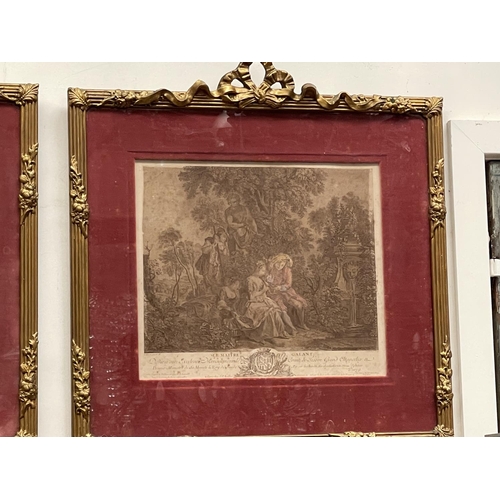 578 - Fine pair of antique framed engravings, F. Boucher hand coloured, each approx 42cm x 45cm (2)