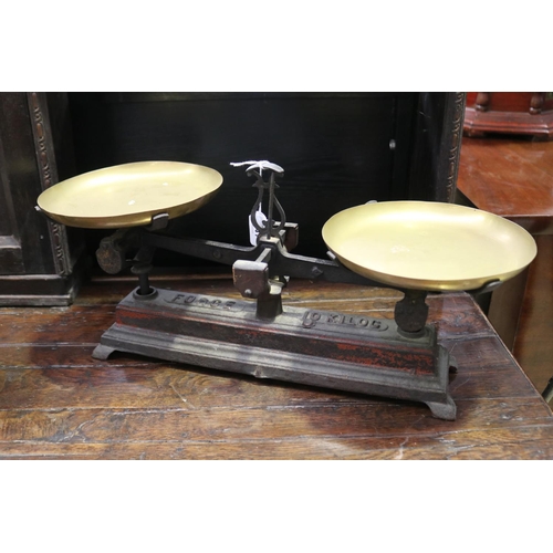 441 - Set of antique French Force scales with brass pans, approx 24cm H x 48cm W