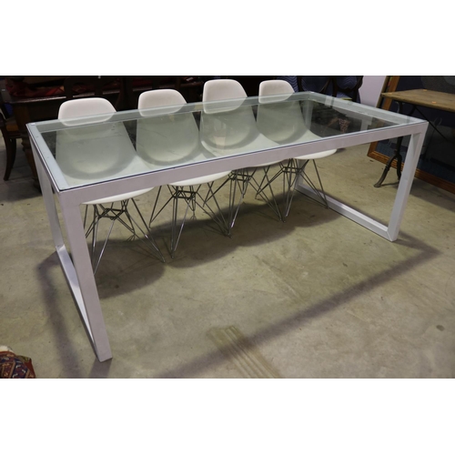 528 - White enamel steel framed glass inset table, approx 73cm H x 180cm W x 90cm D