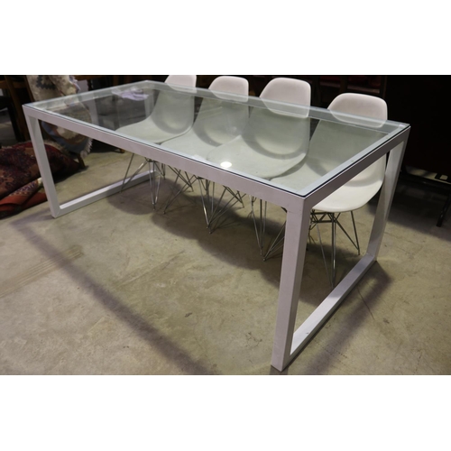 528 - White enamel steel framed glass inset table, approx 73cm H x 180cm W x 90cm D