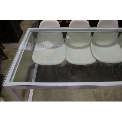 528 - White enamel steel framed glass inset table, approx 73cm H x 180cm W x 90cm D