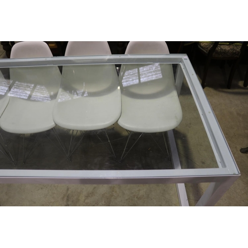 528 - White enamel steel framed glass inset table, approx 73cm H x 180cm W x 90cm D