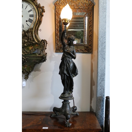 359 - Mathurin Moreau (1822-1912) France, bronze figural lamp, the vestal virgin figure holding aloft a to... 