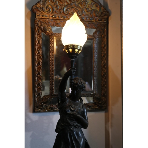 359 - Mathurin Moreau (1822-1912) France, bronze figural lamp, the vestal virgin figure holding aloft a to... 