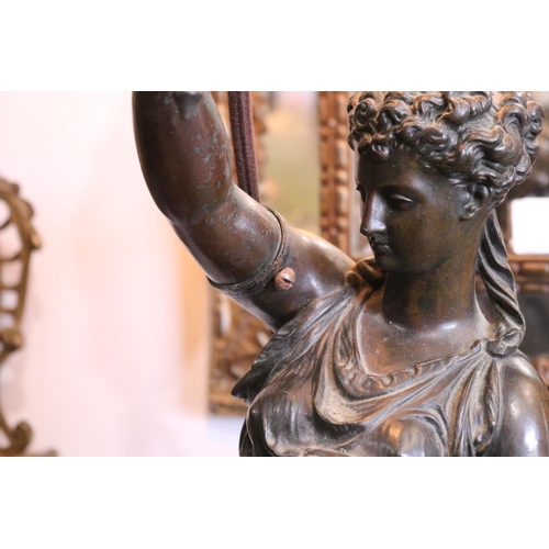 359 - Mathurin Moreau (1822-1912) France, bronze figural lamp, the vestal virgin figure holding aloft a to... 