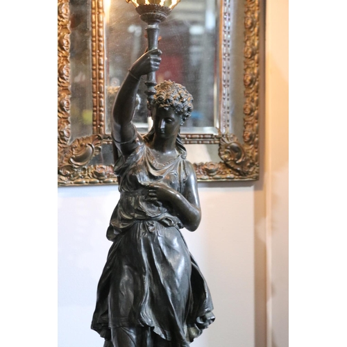 359 - Mathurin Moreau (1822-1912) France, bronze figural lamp, the vestal virgin figure holding aloft a to... 