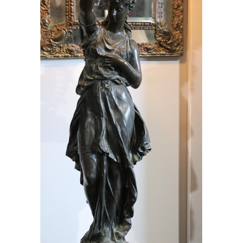 359 - Mathurin Moreau (1822-1912) France, bronze figural lamp, the vestal virgin figure holding aloft a to... 