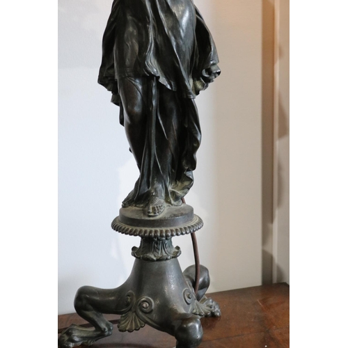 359 - Mathurin Moreau (1822-1912) France, bronze figural lamp, the vestal virgin figure holding aloft a to... 