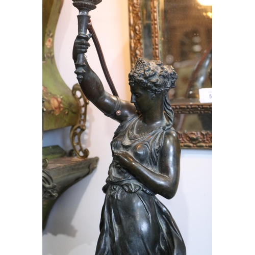 359 - Mathurin Moreau (1822-1912) France, bronze figural lamp, the vestal virgin figure holding aloft a to... 