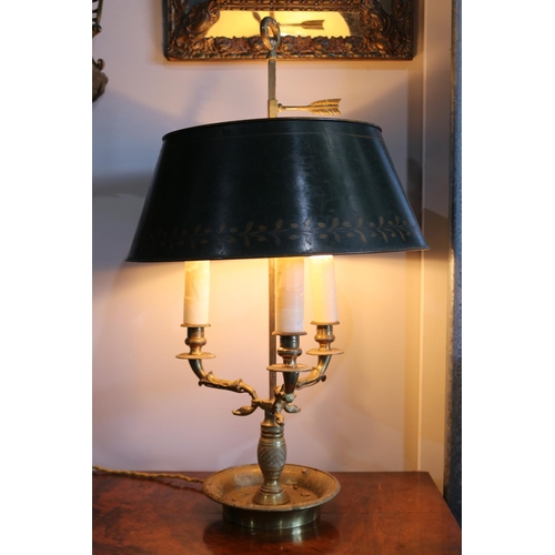 361 - Vintage French brass dish based three light briolette desk lamp, with adjustable green painted metal... 