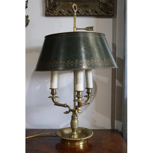 361 - Vintage French brass dish based three light briolette desk lamp, with adjustable green painted metal... 