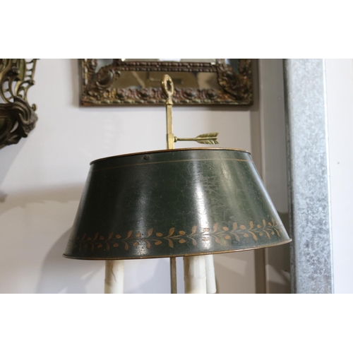 361 - Vintage French brass dish based three light briolette desk lamp, with adjustable green painted metal... 