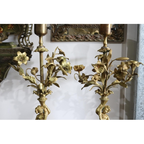 362 - Pair of 19th century ormolu figural candelabras, Sevres porcelain mounted bases, central electric li... 