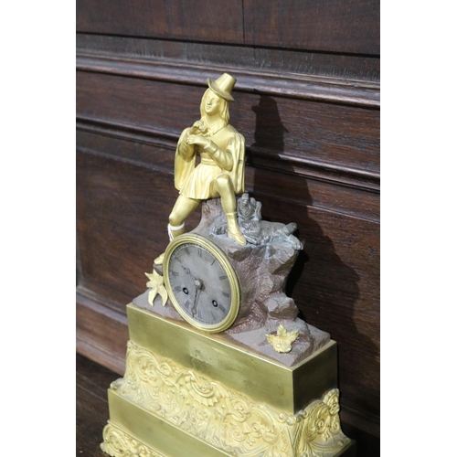 365 - Antique early 19th century French ormolu figural mantle clock, silk suspension movement, has pendulu... 