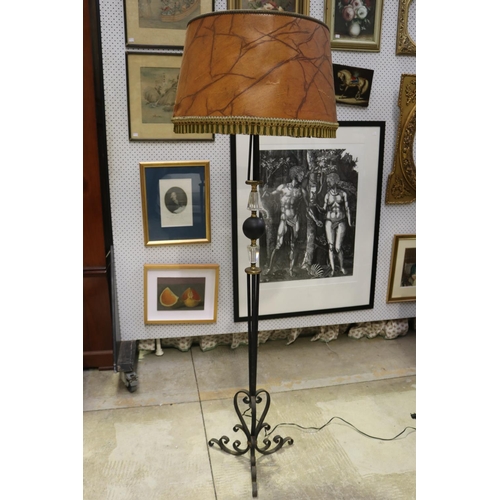 423 - Vintage French 1950's- 60's wrought iron standard lamp, with central ball and facetted glass decorat... 