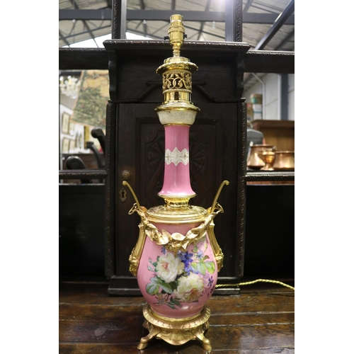 426 - Antique French pink porcelain and gilt metal mounted oil lamp, converted to electric light, untested... 