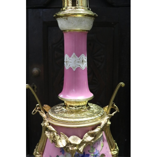 426 - Antique French pink porcelain and gilt metal mounted oil lamp, converted to electric light, untested... 